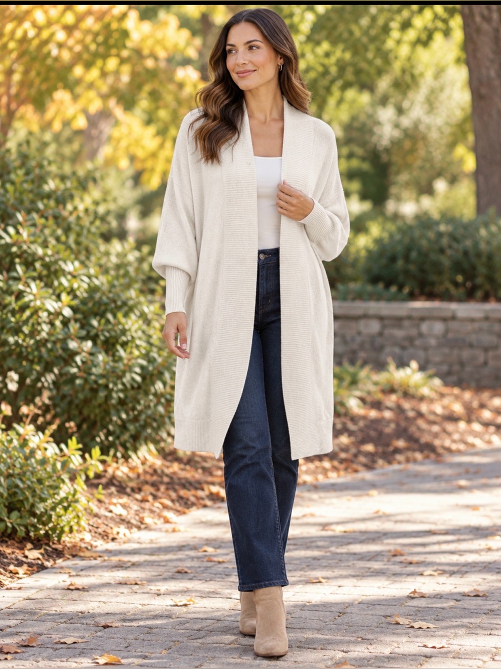 Kit and Ace Women's Open-Front Cream Longline Cardigan Sweater